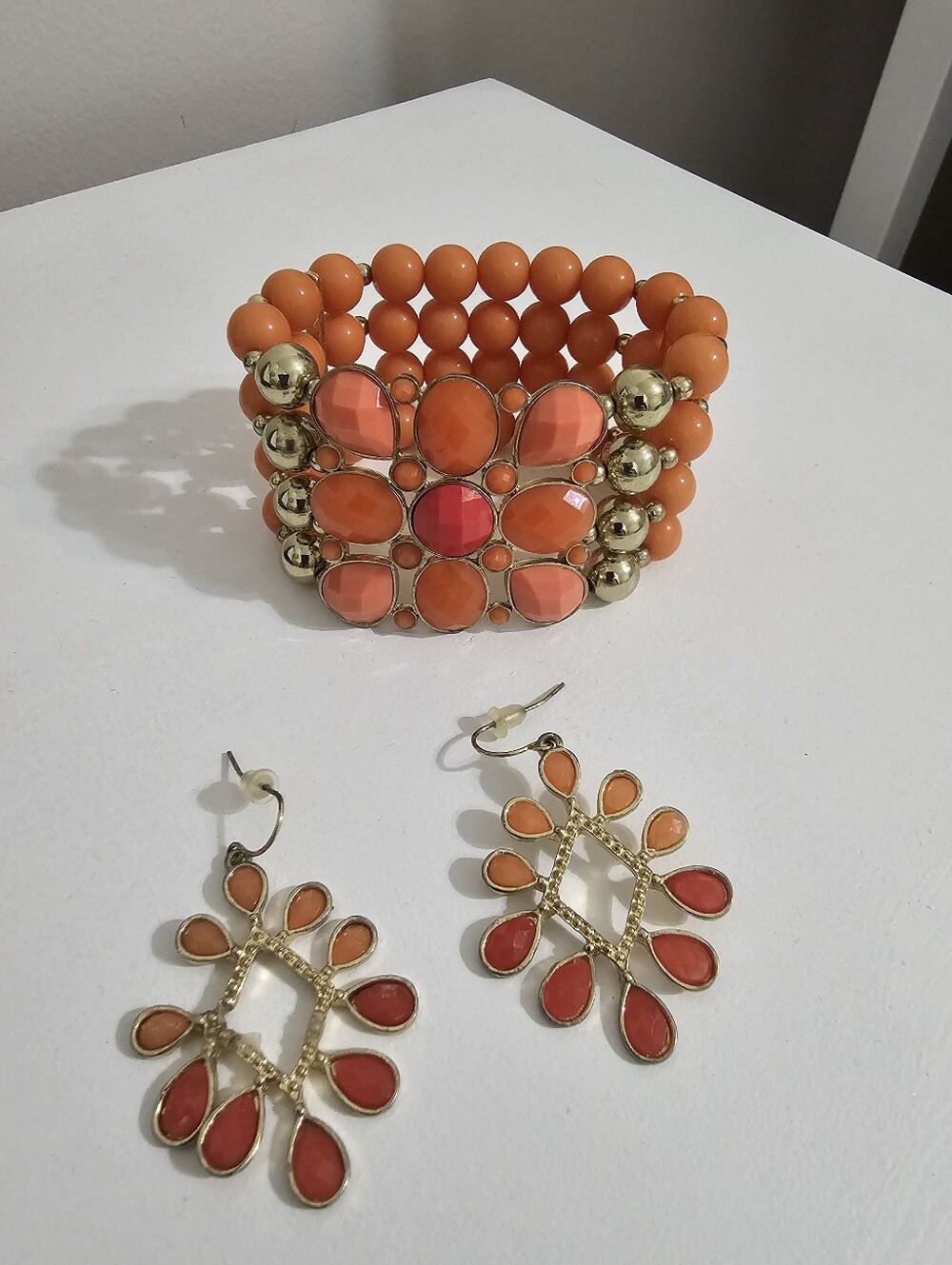 Orange Beaded Stretch Bracelet and Dangle Earrings Set - Gold Accents